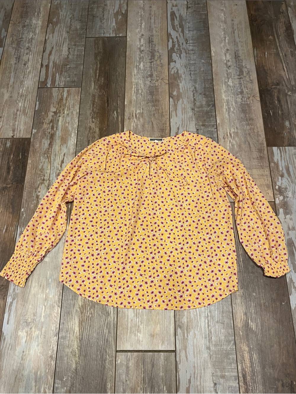 Tie-Neck Yellow Floral Blouse with Smocked Cuffs by Pleione